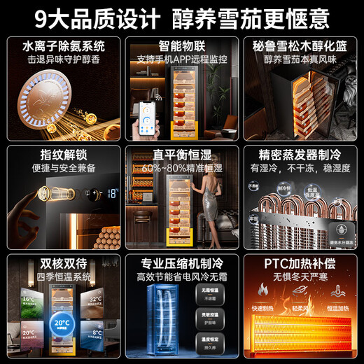 CIGARLOONG 158C cigar cabinet, precise constant temperature and humidity, smart WiFi compressor cabinet with fingerprint lock, cedar wood layer, alcohol nourishing water, ion removal of ammonia, tomato cultivation, cigar moisturizing cabinet, red wine cabinet, cedar wood shelf, Cuban pattern, fingerprint lock + WiFi + ammonia purification system