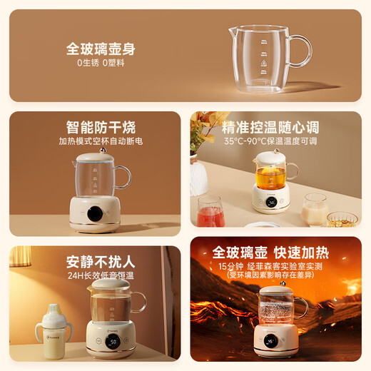 Feisenke mini health pot, one person health kettle, 0.6 liter teapot, all-glass small thermostatic kettle, office health cup, flower teapot, recommended gifts for Teacher's Day, hot-selling milk white model, exquisite life for 1-2 people, 0.6L