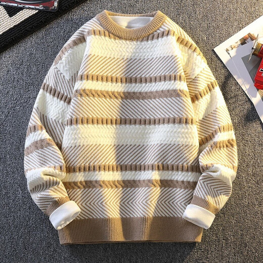 Pierre Cardin Youth Sweater Men's Autumn and Winter Thickened Inner Feeling Super Nice Contrast Color Striped Knitted Bottoming Shirt Black