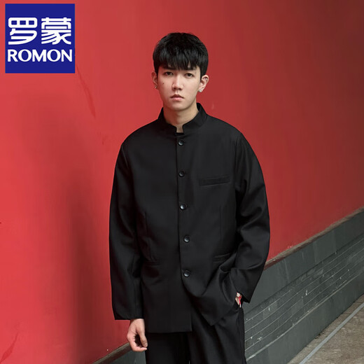 ROMON New Chinese-style tunic men's jacket, stand-up collar jacket for young and middle-aged people, suit, trendy jacket, four-season pass, black (single suit), high quality, ready for sale in seconds, L 115-130Jin Jin is equal to 0.5 kg