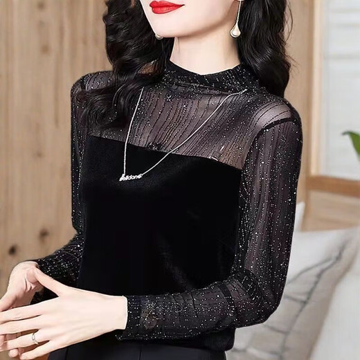 Velvet lace shirt for women in autumn and winter new fashion slimming and age-reducing inner wear mesh bottoming shirt Cancan lace shirt L (suitable for 90-105 Jin Jin equals 0.5 kg)
