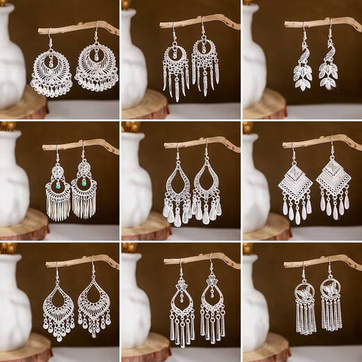 
Cijia national style earrings retro style earrings a few silver jewelry headdresses Miao Bai ethnic group Dali Miao village silver jewelry Miao silver earrings E16864. Color