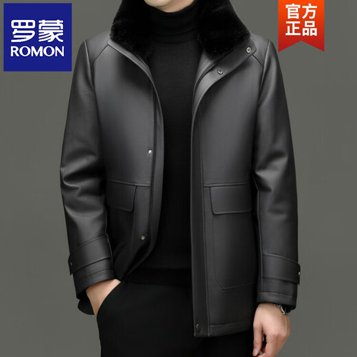 ROMON's new winter fashionable simulated leather jacket with fur collar for men, high-end thickened warm leather jacket, windproof leather jacket, gray M 170