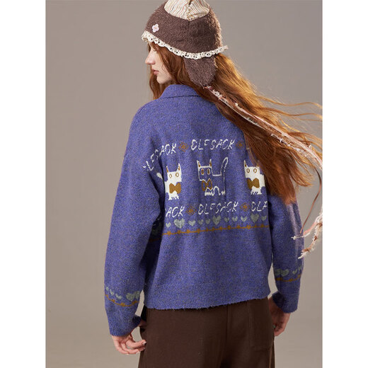 Leprechaun's Pocket Kitty Fair Isle Jacquard Cardigan Sweater Women's 2025 Autumn and Winter New Retro Lapel Mohair Retro Purple L