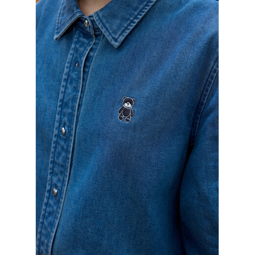 Zihan (ZIHAN) Zihan denim long-sleeved shirt for women 2025 winter new bear embroidery simple commuting can be worn outside blue shirt denim blue XS