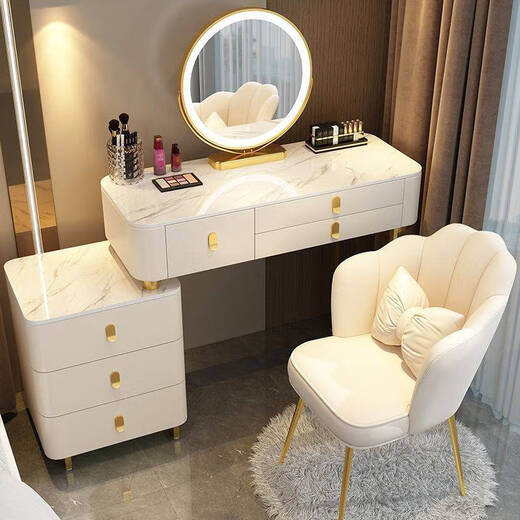Small apartment solid wood dressing table bedroom modern simple high-end solid wood slate dressing table storage cabinet integrated CHH solid wood frame black handle (7MM slate) white 115.5 three-drawer table + smart mirror + cabinet + bird's nest stool