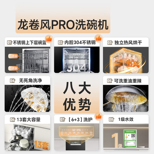 Canbo Tornado Dishwasher Large Capacity Embedded 13 Sets Household Disinfection and Drying Level One Water Efficiency 304 Liner Stainless Steel Shelf National Subsidy XWJ13-QB06