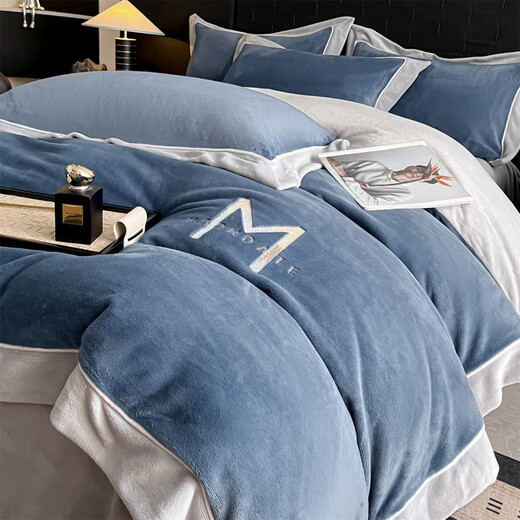 Nanjiren Jiangsu Nantong milk velvet four-piece set Class A maternal and infant grade double-sided velvet baby velvet coral velvet wide-brimmed quilt cover Maria Velvet - Bentley Blue + Star Gray Sheet Style 1.8m Four-piece Set - Quilt Cover 200x230cm