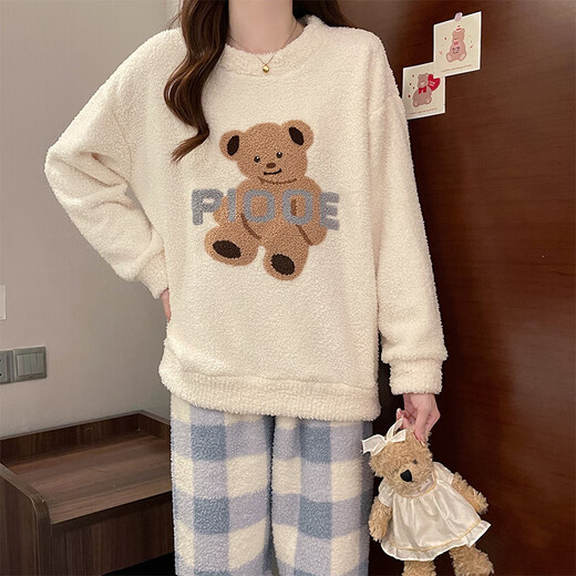 Xiaohongshu's popular half-velvet soft pajamas for women 2025 autumn and winter new plaid bear thickened and warm shan blue-haired girl apricot blue M one size