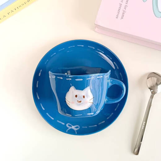 
Yu Senyi cute hand-painted blue background white cat ceramic cup family breakfast coffee cup children milk cup snack white cat dish 15906