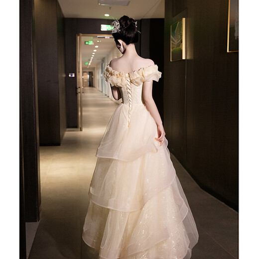 ACJK One Shoulder Evening Dress 2025 New High-end Light Luxury Niche Host Feeling Beautiful Adult Ceremony Art Test Champagne Color 2XL