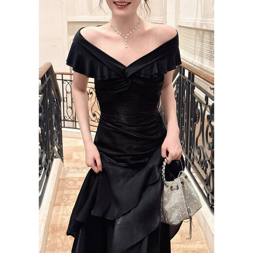 GJFDGood Job Rubens Holiday French black one-shoulder light luxury dress niche dress fishtail skirt porcelain black L
