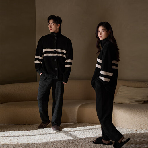Sha Qian 2025 New Couple Pajamas Autumn and Winter Thickened Half Velvet Women's Home Clothes Cardigan Striped Outer Suit L857014-L957014 Black L Male (Height 171-180, Weight 131-160)