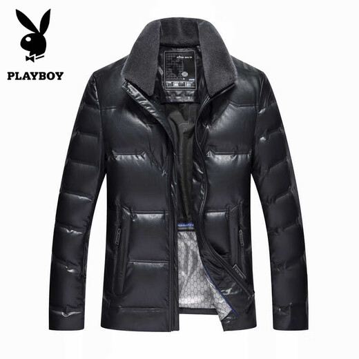 Playboy (PLAYBOY) Genuine Leather Down Jacket Men's 2025 Winter Lapel Removable Wool Casual Youth and Middle-aged High-end White Duck Down Leather Jacket Black S (165)