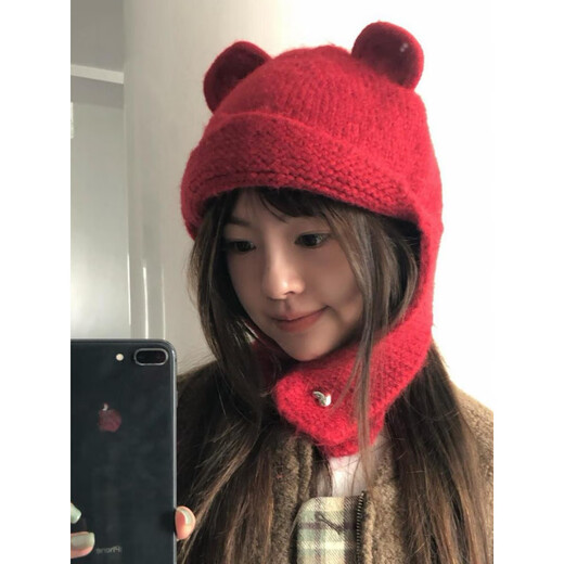 SOMUBAY (SOMUBAY) bear woolen hat for women, cute face-showing small woolen knitted hat, autumn and winter new warm ear protection Lei Feng hat, brown M (56-58cm)