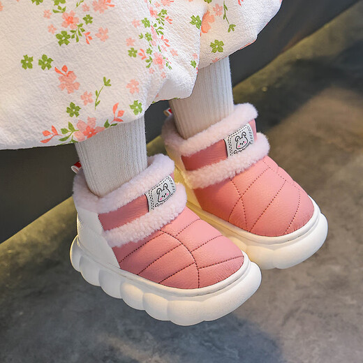 Winter children's bag-heeled cotton shoes for boys and girls, warm plus velvet PU leather waterproof thick-soled outer wear parent-child home shoes, upgraded version of environmentally friendly material blue, size 12 32/33 (shoe inner length 19CM, suitable for feet 18