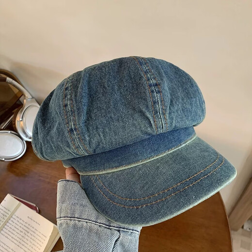 Nine-inch sunny Japanese style washed and distressed octagonal hat, Korean version, versatile literary retro cowboy hat, beret, painter hat, newsboy hat, washed and distressed retro hat, dark blue, one size fits all, head circumference (56-58cm)