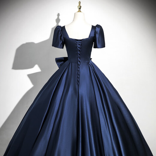 Libaixin225 New Vocal Art Test Bel Canto Satin Blue Dress Lady Host Stage Adult Ceremony Evening Dress Navy Blue 3XL Recommended 130-135 Jin Jin equals 0.5 kg