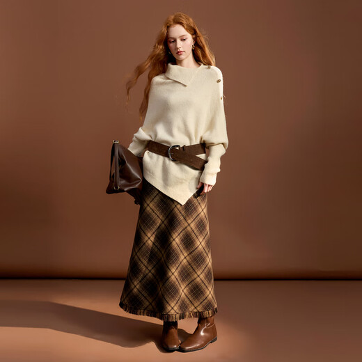 Sancai 2025 new winter plaid skirt raw edge A-line skirt woolen long skirt retro M brown plaid S 155/64A