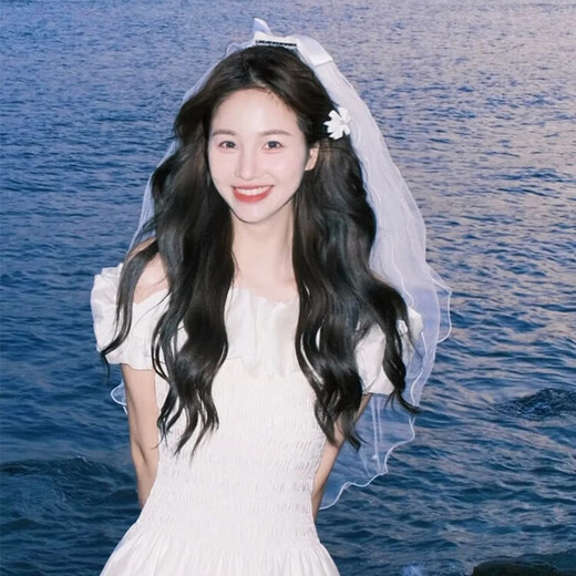 Lanshu (LANSHU) white bridal veil certificate registration headdress proposal fluffy yarn bow hair accessories wedding photo props headdress four-layer pearl bow clip style 60-80cm