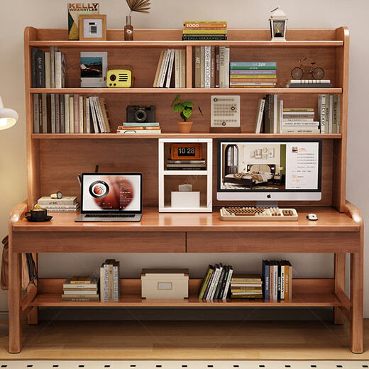 Huixun solid wood double desk bookshelf integrated table student home study table liftable bedroom wall extension computer desk walnut color #double desk + bookshelf 160cm*60cm*75cm total height 190cm