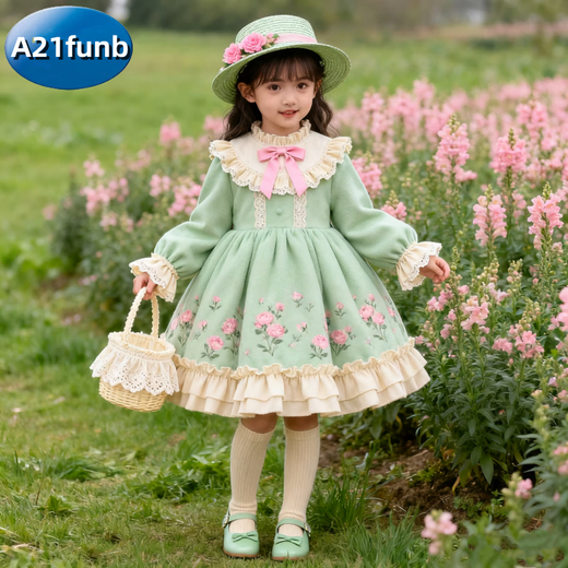A 21 FUNB Girls 2026 Autumn and Winter New Lolita Sweet Dress Palace Style Western Style Princess Dress Birthday Puffy Dress A79 Green Western Style Sweet Dress 120 cm
