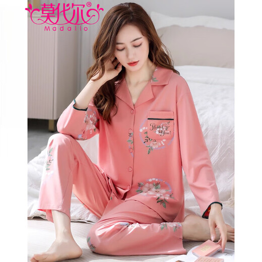 Modal pajamas for women in spring and autumn pure cotton long sleeve autumn style for women thin large size autumn middle-aged mother women autumn and winter home clothes 14106 bean paste green M (160): suitable for 80-100Jin [Jin equals 0.5 kg] wear