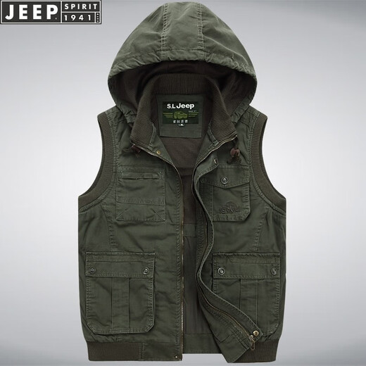 JEEP velvet thickened warm hooded multi-pocket vest middle-aged and elderly winter men's waistcoat pure cotton vest loose vest No. 1 Army Green Army Green Plus Velvet Plus Velvet 4XL 190Jin Jin is equal to about 0.5 kg