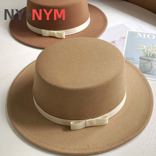 NY-NYM British style retro woolen hat for women in autumn and winter fashion versatile bow flat top Korean style black jazz hat for men black M (56-58cm)