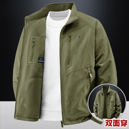 TOMMYBULL American Tommy Tommy autumn and winter men's velvet thickened jacket casual warm stand-up collar casual jacket top dark gray (reversible plus velvet style)-96858 2XL 145-160Jin Jin equals 0.5 kg