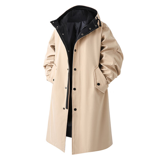 ROMON Men's Windbreaker Mid-Length Contrast Color Windbreaker Men's Hooded Coat Business Top Loose Over-the-Knee Jacket Black XL