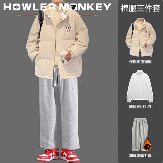 Sound Monkey Winter Thickened Cotton Warm Jacket Casual Loose Trendy Brand Boys Cotton Jacket Plus Velvet Pants Handsome Fashion Suit Dark Gray Jacket + Black Turtleneck Sweater + Black Velvet Leggings XL