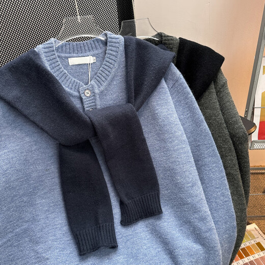 XUEDEYA sweater with shawl for men in autumn fake two-piece shawl sweater for men with trendy lazy style loose henley collar sweater style blue M