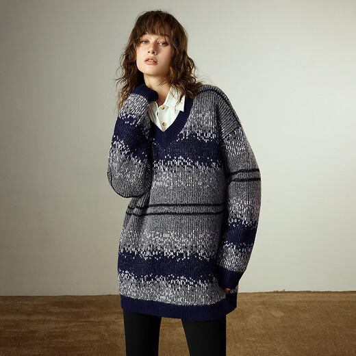 Chuyu Imitation Cow Velvet Sweater Women's 2025 Winter New Fair Isle Jacquard Loose Mid-Length Top Navy Gray M