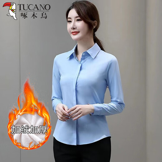 Woodpecker Autumn and Winter Plus Velvet Thickened Black Shirt Women's Bottoming Long Sleeve Temperament Slim Fit Versatile Shirt Work Clothes Thin Black (Open Button + Velvet + Thick) Thin S Recommended 70-88 Jin Jin equals 0.5 kg