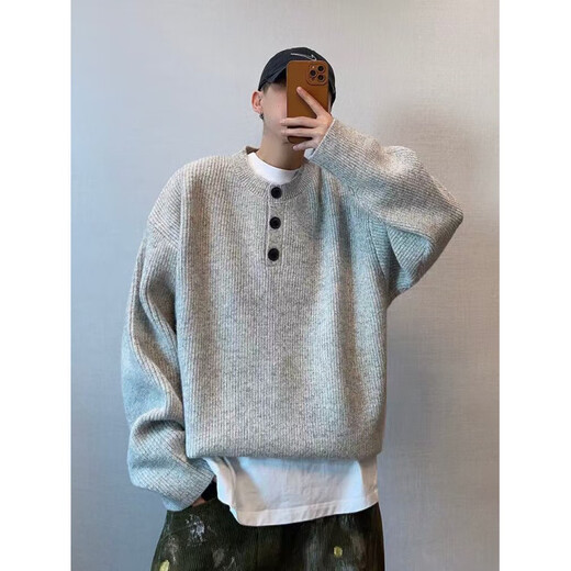 Autumn and winter tops Korean simple Henry collar sweater men's trendy brand INS pullover bottoming sweater light gray 3XL