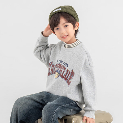 Duojia Bear Print Fake Two-piece Boys' Sweaters Winter Warm and Velvet Bottoming Children's Casual Sports Tops Trendy