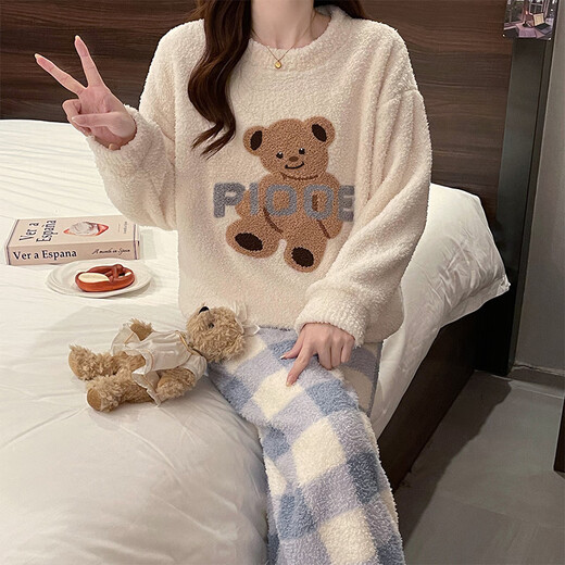 Xiaohongshu's popular half-velvet soft pajamas for women 2025 autumn and winter new plaid bear thickened and warm shan blue-haired girl apricot blue M one size