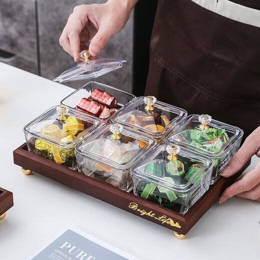 Harvest grain creative snack compartmented dry fruit plate Nordic ins glass fruit plate light luxury snack tea fruit plate internet celebrity fruit plate amber glass dish two glass dishes + two compartments bamboo tray