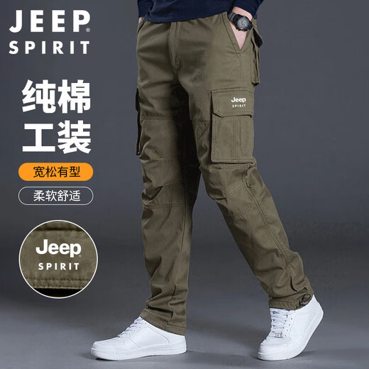 JEEP SPIRIT Jeep overalls men's autumn and winter straight casual pants men's loose multi-pocket men's pants military green L