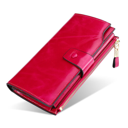 Scarecrow Light Luxury Leather Wallet Women's Long Wallet RFID Anti-theft Brushed Oil Wax Leather Multifunctional Wallet Clutch Girlfriend Wife Mom Mother Gift Wine Red