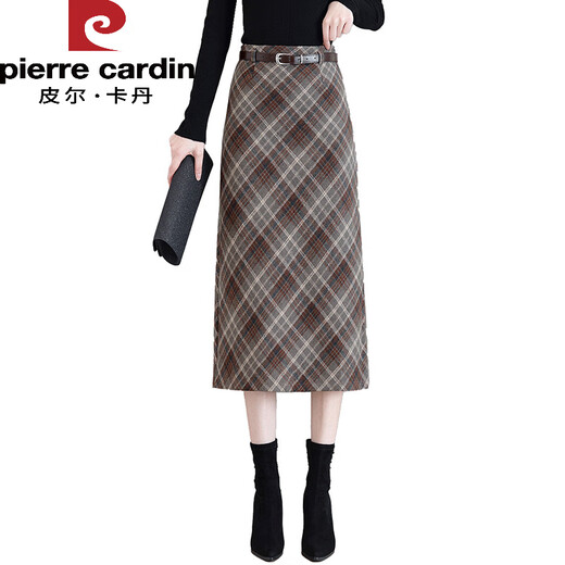 Pierre Cardin plaid woolen skirt for women 2025 autumn and winter new style high-waisted mid-length a-line thickened one-step hip skirt plaid M 27
