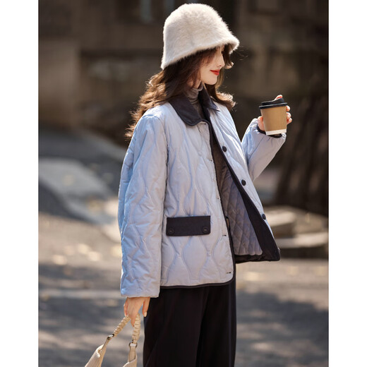 Shangjing Xiaoxiangfeng Contrast Color Lapel Warm Jacket Women 2025 Winter New Thick Diamond Versatile Short Top Women Blue M