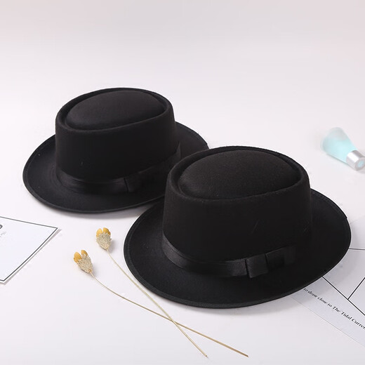 Woodpecker retro British Korean version autumn and winter bowler hat woolen flat top men's and women's British jazz hat casual hat black M (56-58cm)