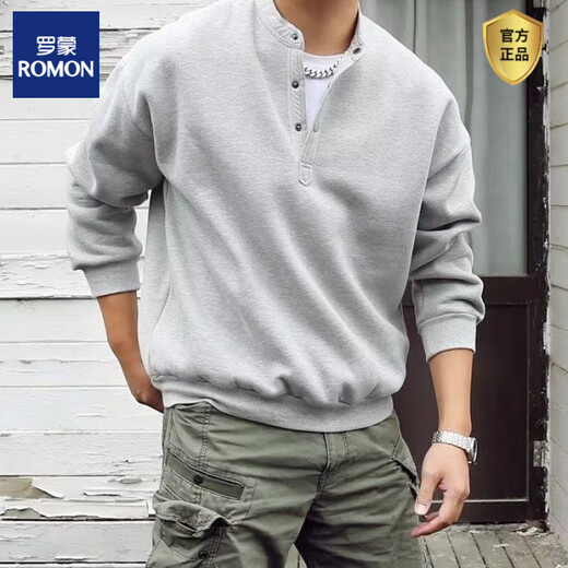 ROMON handsome trendy autumn men's henley collar long-sleeved T-shirt bottoming shirt stand-up collar solid color loose casual pullover sweatshirt gray high quality 3XL recommended 150-165Jin Jin equals 0.5 kg