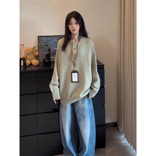 Jufeng American retro Henry collar sweater for men and women in autumn Korean style lazy style sweater, high-end inner coat for couple, light gray, upgraded version, 95% users choose XL