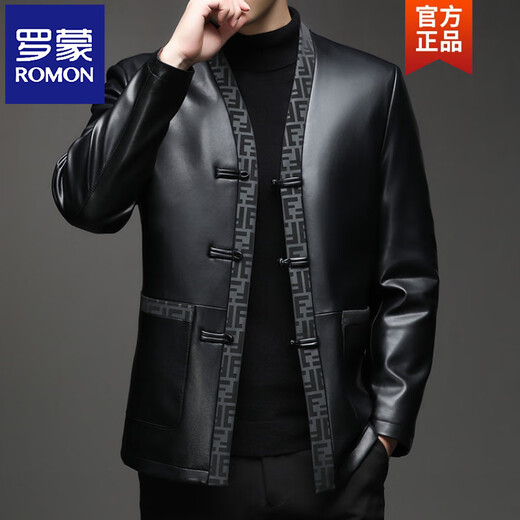ROMON Haining Autumn and Winter Leather Men's Tang Suit Leather Jacket Velvet Thickened Chinese Style Imitation Sheepskin Jacket Black M 170