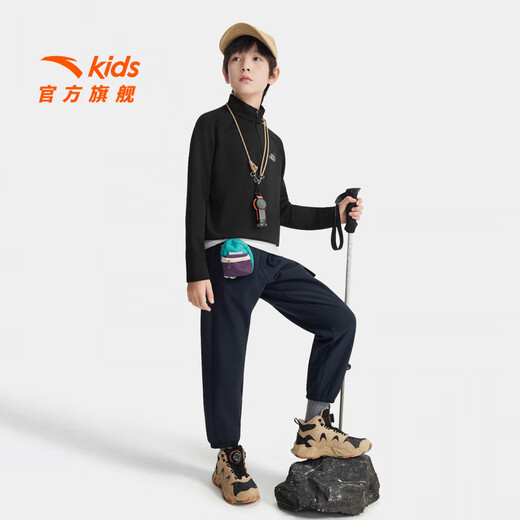 Anta children's T-shirts for boys and girls 2025 autumn new style plus velvet simple and versatile outdoor stand collar long T basic black-4 120