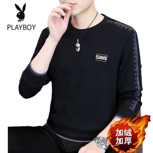 Playboy (PLAYBOY) Classic European Station 2025 Autumn and Winter New Men's Round Neck Velvet Sweatshirt Trendy Brand Fashion Pullover Bottoming Shirt White L