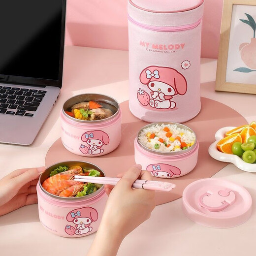 Magic Bean Shenghuo Sanrio Multi-layer Insulated Lunch Box Stainless Steel Office Workers Bring Rice Microwaveable Student Lunch Box Bucket Soup Bowl Big-Eared Dog Microwave Type Large Lunch Box*2+Medium Lunch Box+Insulated Lunch Bag